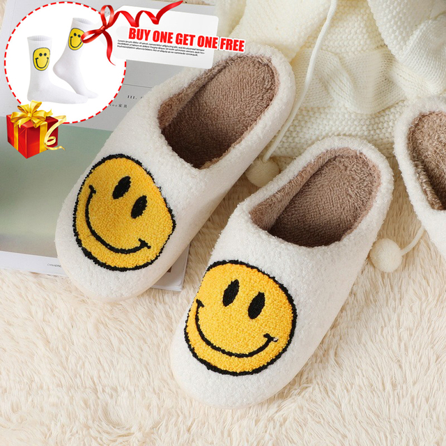 2021 new smiley face slippers women indoor slippers happy face slippers smiley face soft plush comfortable warm fluffy slippers for men