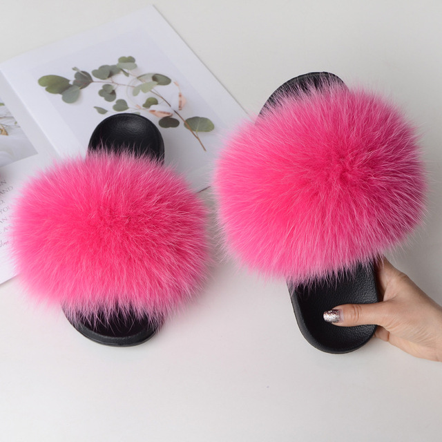 Summer fox fur slippers flat non-slip solid plush home shoes