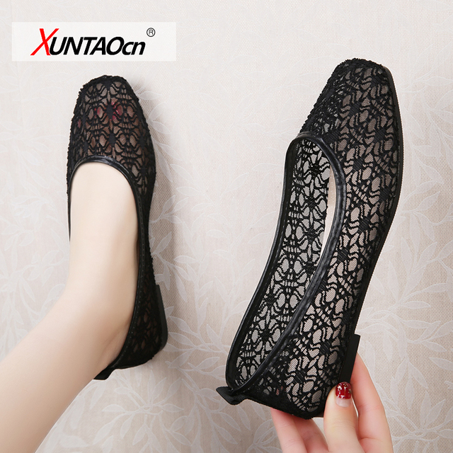 Women Transparent Lace Soft Flats Ladies Square Toe Sexy Black Boat Shoes Summer Breathable Beige Non-slip Flat Shoes 35-40