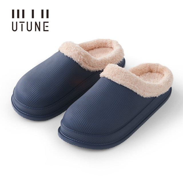 UTUNE Winter Slippers Men Shell Mules Waterproof EVA Indoor Plush Warm Shoes Women Anti-slip Garden Home Slippers Thick Solid