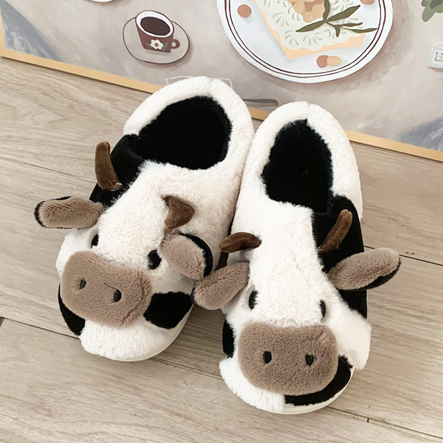 Women Winter Cute Animal Slippers Fashion Kawaii Fluffy Winter Warm Slippers Female Cartoon Milk Cow Indoor Slippers Funny Shoes