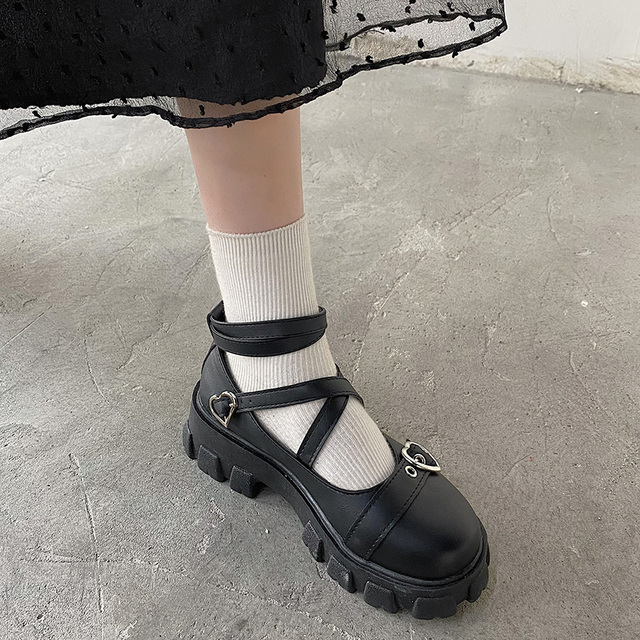 Sweet Lolita Platform Shoes Round Head Thick Heel Cross Bandage Shoes Women Kawaii Shoes Cosplay Mary Jane Shoes Heart Buckle S1