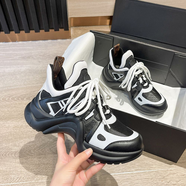 Fashion Mixed Colors Dad Shoes Real Leather Round Toe Lace-up High Top Casual Shoes Woman Height Increasing Lady Shoes