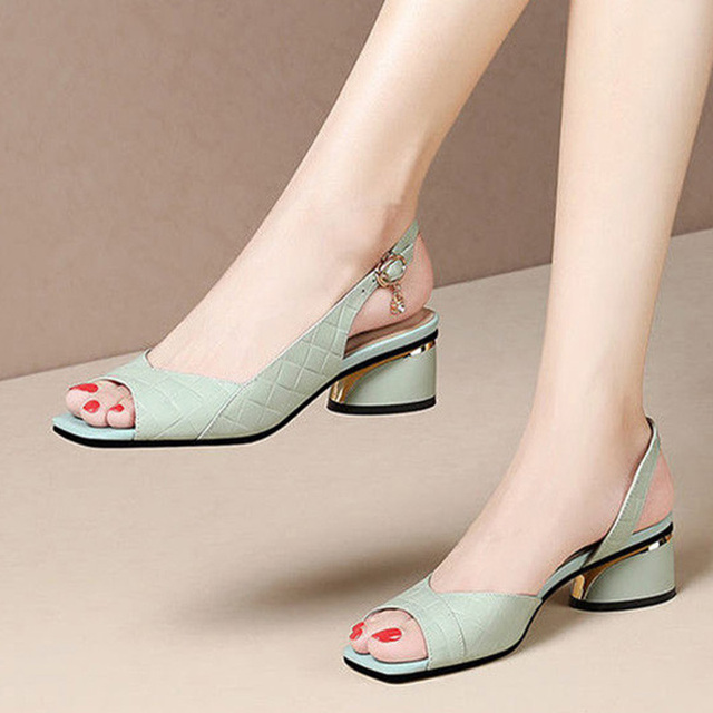 New Summer Women's Sandals Open Toe Pumps Back Strap Med Heels Shoes Peep Toe Ladies Shoes Classic Dress Sandalias Mujer Pumps