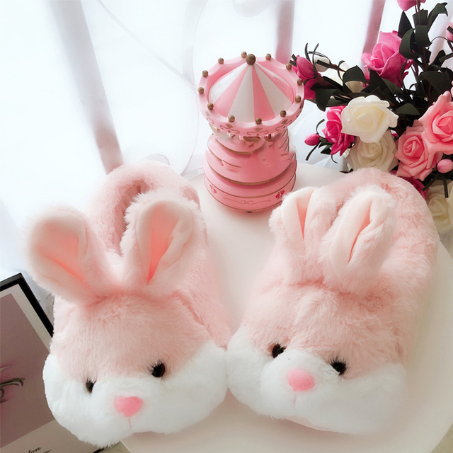 Winter Slippers For Couples Unisex Women Men Home Slippers Cute Animal Rabbit Indoor Shoes Lover Non-slip Warm Cotton Soft Plush