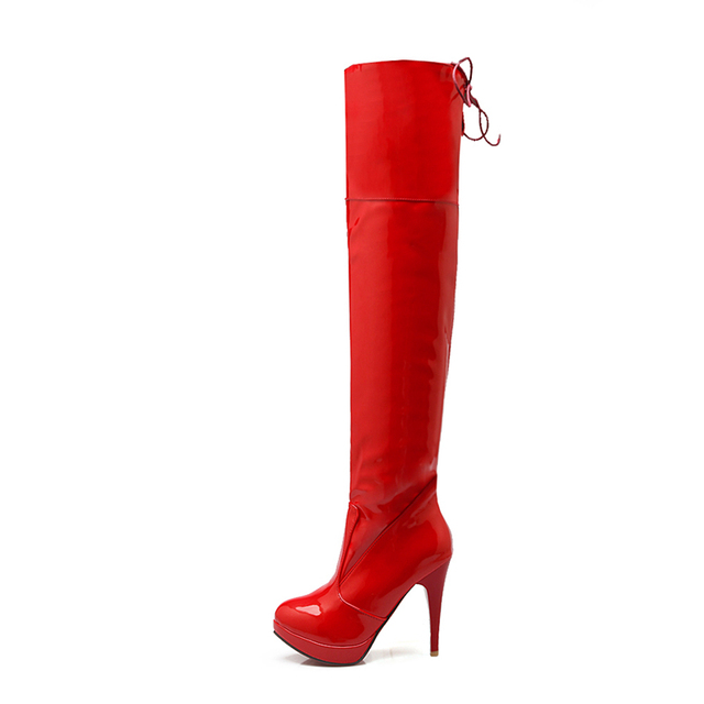 REAVE CAT 2021 Sexy Over the Knee Boots Patent Leather Velvet Round Toe Lace Up Zip Platform 11cm Thin Heel US12 White Red A4348