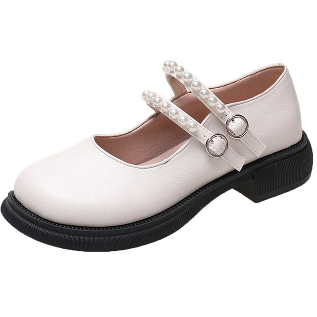 Lucyever 2022 Spring Double Buckle Mary Janes Women Pearls Strap Low Heels Casual Shoes Woman Pu Leather Students Shoes Mujer