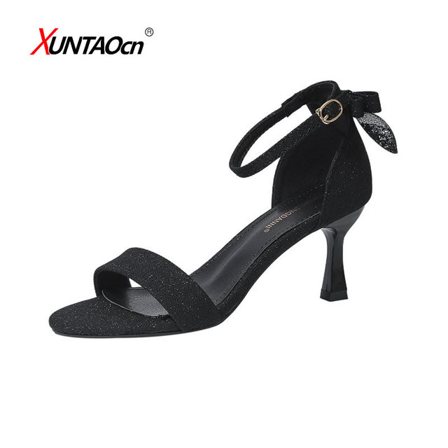 Flock Beige High Heels Sandals for Women 2020 Summer Shoes Women Fashion Open Toe Buckle Casual Sandals Square Heel Women's Shoes