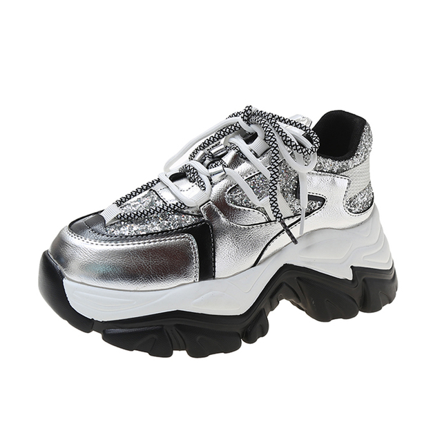 Rimocy Glitter Silver Chunky Sneakers Women Street Fashion Thick Sole Vulcanized Shoes Woman 2022 Spring High Platform Sneakers