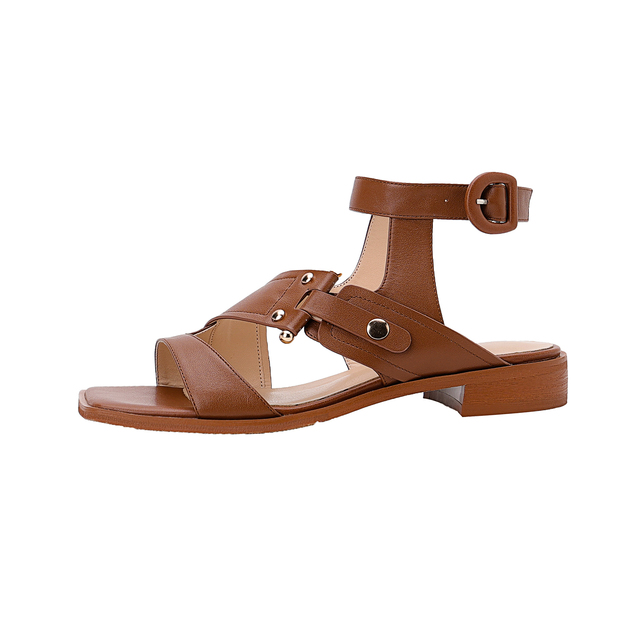 Real Leather Gladiator Women Sandals Square Heels Metal Decoration Classic Retro Buckle Strap Ladies Summer New Open Toe Shoes