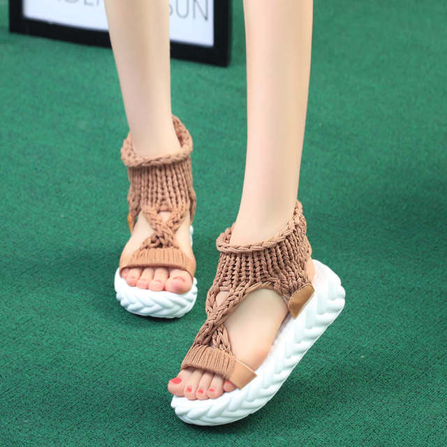 Women Gladiator Sandals Summer Flat Wool Shoes Thick Bottom Knitting Solid Sandals Ladies Platform Sandalias Zapatos Mujer