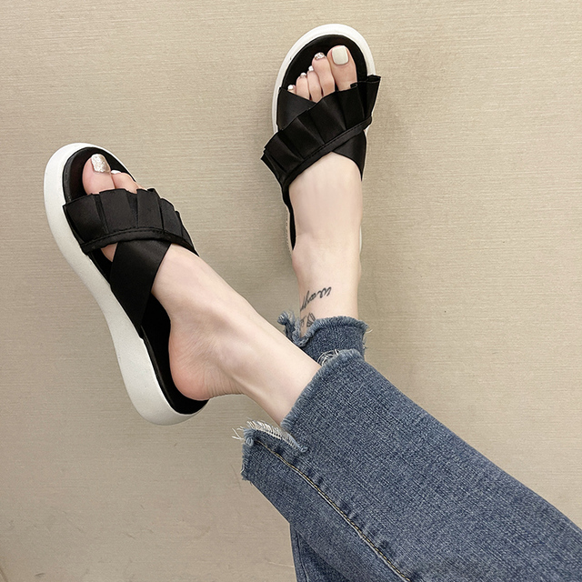 Summer ladies outdoor shopping flat slippers simple high platform open toe slides women flounce cloth soft soles walking shoes