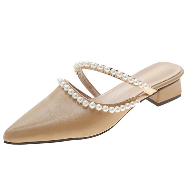 Lucifer Fashion Pointed Toe Pearl Slippers Women 2022 Summer Thick Heels Mules Shoes Woman PU Leather Outdoor Slippers Female