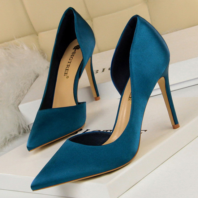 BIGTREE Sexy Shoes Woman Pumps Black Blue Sliver Women Heels Satin High Heels Shoes Women Stiletto Heels 9.5cm Ladies Shoes