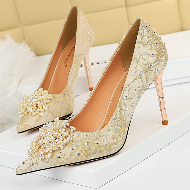 BIGTREE Pearl Floral Shoes Woman Pumps Rhinestone High Heels 2022 New Luxury Women's Heels Stiletto Plus Size Ladies Pumps