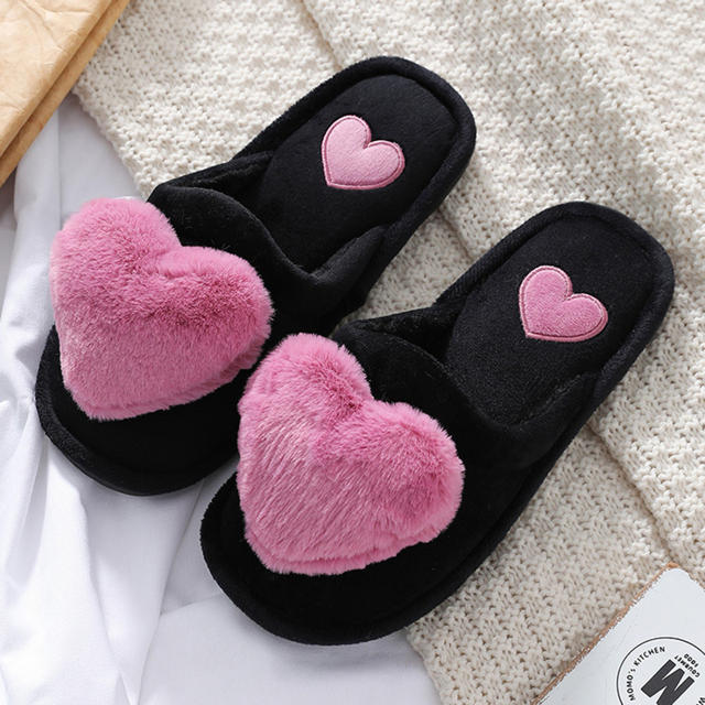 2021 Slippers Women Winter Heart Shoes Woman Slides Plush Home Slippers Ladies Indoor House Shoes Winter Warm Fur Slippers