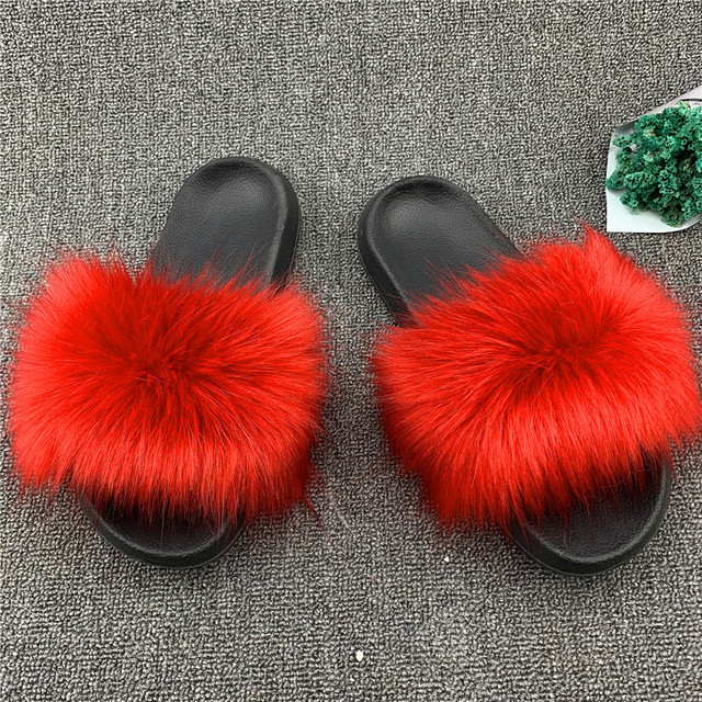 Fashion designer luxury ladies furry fur slippers colorful sandals rainbow shoes for women