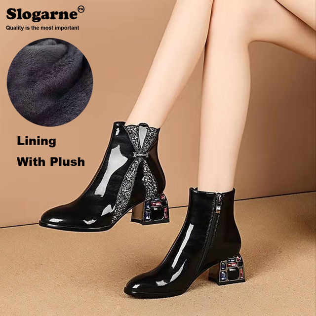 Women's shoes modern diamond high heels spring autumn patent leather waterproof female short ankle boots winter shoes party pump