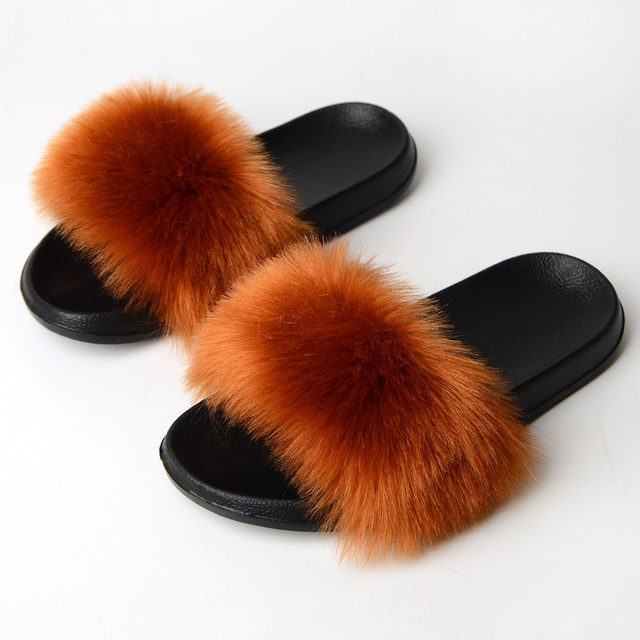 Women Summer New Synthetic Fox Fur Slippers Indoor Home Furry Cute Faux Raccoon Fur Non-slip Outdoor Home Shoes Beach Sandals