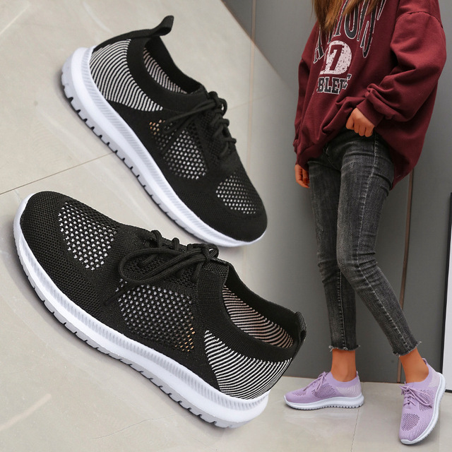 2022 spring sneakers women knitting soft vulcanized flat shoes platform lace-up mesh comfortable ladies casual shoes