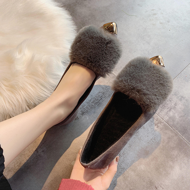 Shallow Mouth Women Autumn Fur Loafers Sneakers Female Plain Metal Pointed Toe Flats Women's Shoes