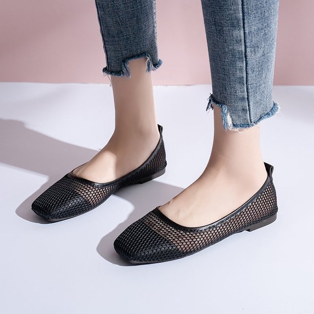 Ladies Dance Shallow Mouth Breathable Mesh Black Sandals Summer Fashion Women Transparent Soft Flat Dress Boat Shoes 35-40