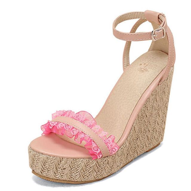 REAVE CAT 2022 Women Sandals Espadrilles Peep Toe Wedges Heel Lace Pleated Buckle Strap Big Size 30-48 Pink White Summer S3615