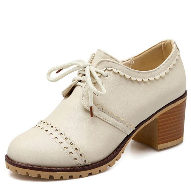 REAVE CAT Women Pumps Brogue Oxfords Round Toe Block Heels Lace-up Retro Big Size 34-43 Solid White Black Spring Casual S3620