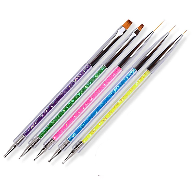 Nail Art Pen 2 in 1 Double Ends Dotting Drawing Painting Carving Dotting Pen Flat Fan Liner Acrylic Gel Brush Set