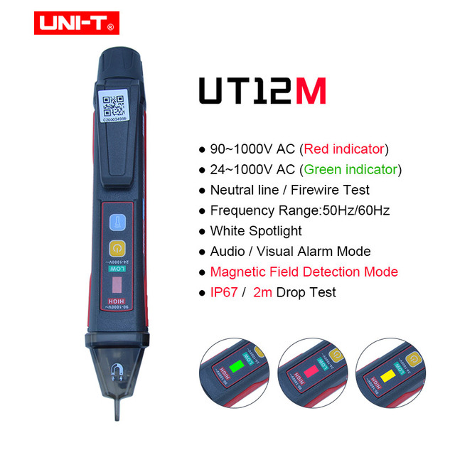 UNI-T عدم الاتصال التيار المتناوب كاشف جهد فولت القلم IP67 مؤشر مصباح ليد جيب المقبس جدار فولت اختبار قلم رصاص 24 فولت-1000 فولت UT12E UT12M