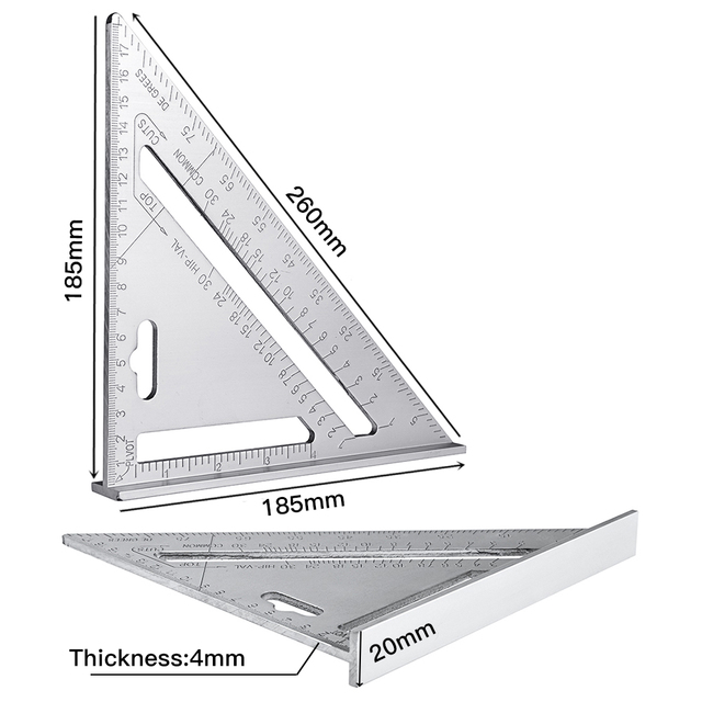 Triangle Ruler 7 Inch Aluminum Alloy Angle Protractor Velocity Metric Square Measuring Ruler for Building Tools Framing Gauges