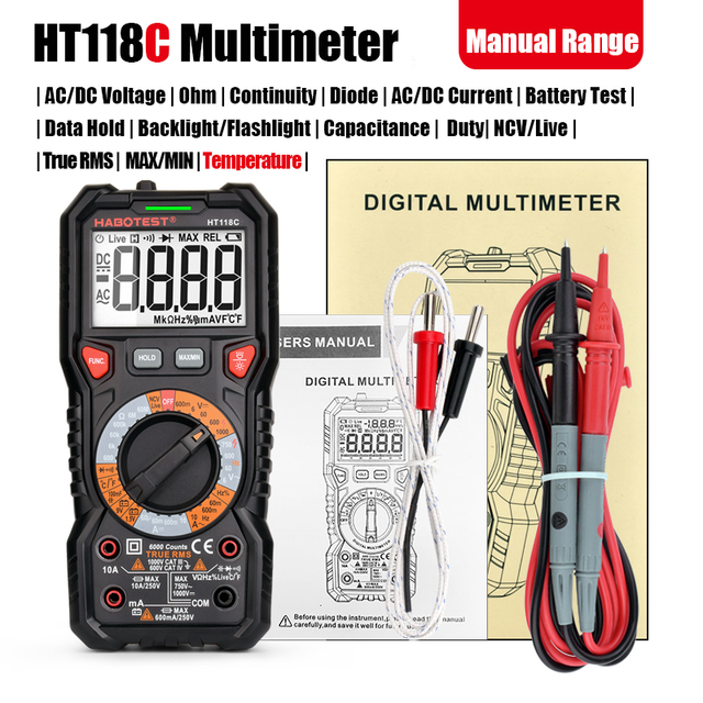 HABOTEST HT118 Professional Digital Multimeter 1000V 10A AC Voltmeter Transistor Capacitor Tester