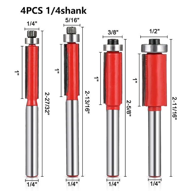 4pcs 6mm Shank 1/2" Flush Trimming Router Bit with Bearing for Wood Tungsten Carbide Milling Wood Cutting Machine Woodworking Tools