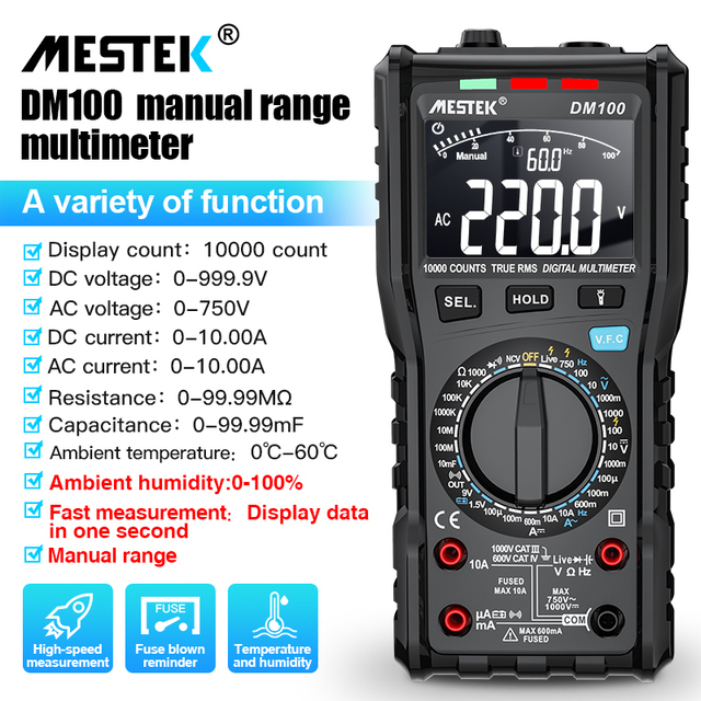 MESTEK DM100 High Speed ​​Dual Core T-rms Digital Multimeter NCV Alarm with Multimeter