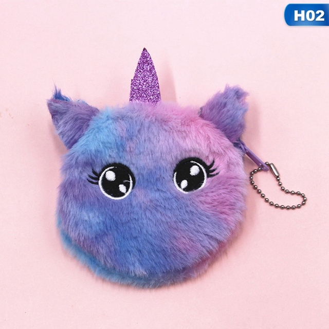 Cute Cat Fur Circle Purse Girl Clutch Bag Embroidered Key Headphone Organizer Pouch Kids Gift Cartoon Plush Unicorn Coin Purse