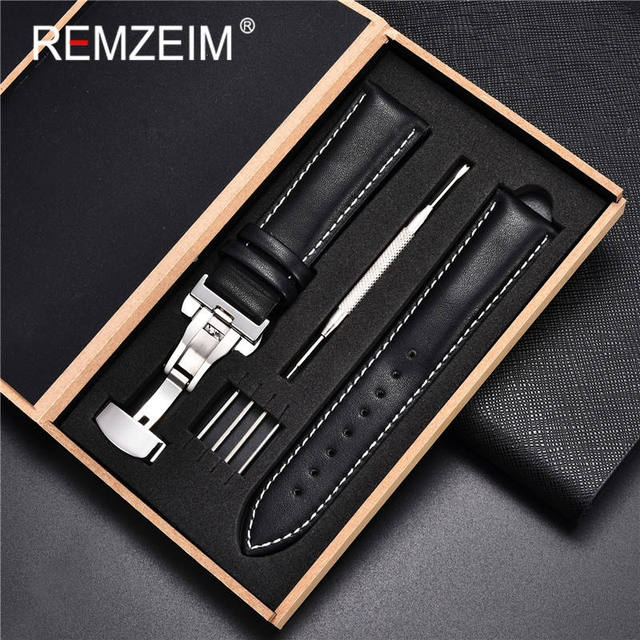 Rimzm Soft Calfskin Leather Watches 18mm 20mm 22mm 24mm Straps Automatic Butterfly Clasp Watch Accessories With Box