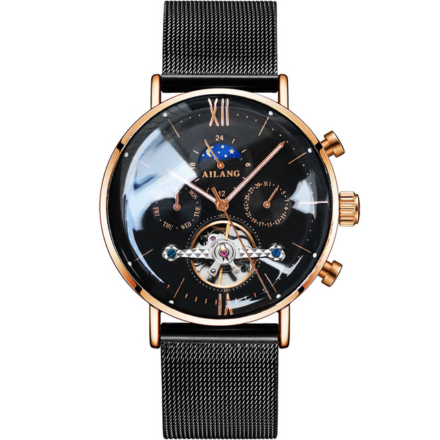 AILANG Men's Top Brand Luxury Fashion Three Eyes Luminous Waterproof Mesh Watches Tourbillon Mechanical Watch Relogio Masculino