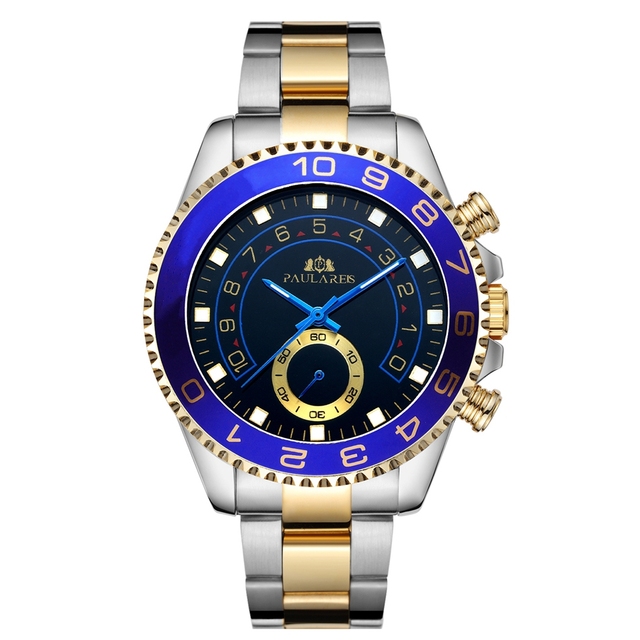 Automatic self-wind mechanical stainless steel strap casual gold yellow silver blue bezel master business men's watch