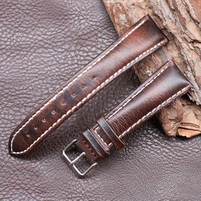 Retro Cowhide Watch Strap 20mm 22mm Red Brown Dark Coffee Half Arc Deformed Oil Wax Genuine Leather Strap Watchband Replacement Strap