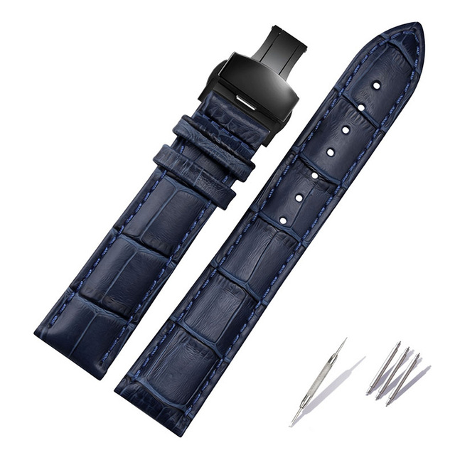 Genuine Leather Bracelet Dark Blue Watch Strap Butterfly Clasp Watchband Size In 16mm 18mm 20mm 21 22mm 23mm Watch Band