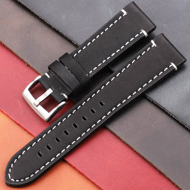 Genuine Leather Watch Band Strap Manual Men Thick 7 Colors 18mm 20mm 22mm 24mm Watchbands Stainless Steel Buckle Accessories