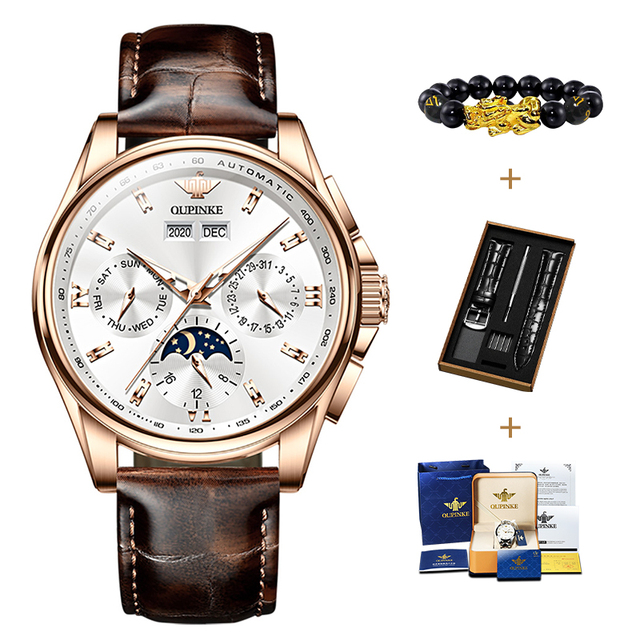 OUPINKE Luxury Brand Automatic Watch For Man Mechanical Watch Leather Sapphire Waterproof Sport Moon Phase Wristwatch Male