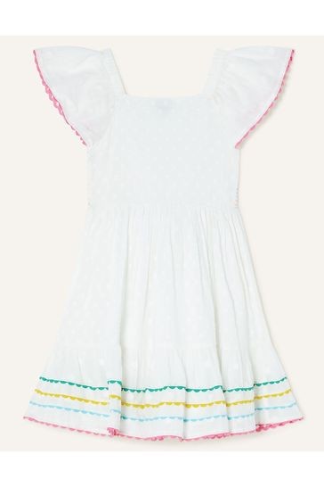 Monsoon White Shirred Ricrac Trim Dress