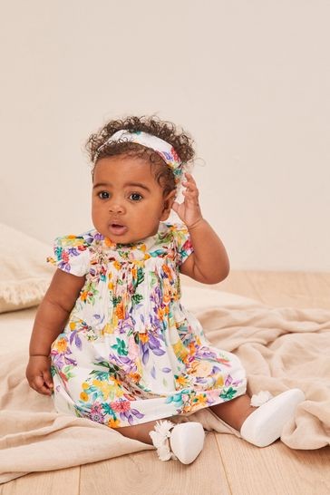 Lipsy Shirred Poplin Dress With Headband Baby