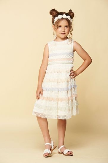 Amelia Rose Cream Multi-coloured Lace Trim Party Dress