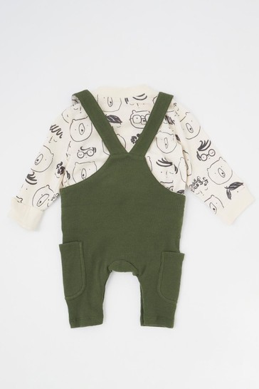 Angel & Rocket Khaki Green Tanner Woven Cord Dungarees With Printed T Shirt Set