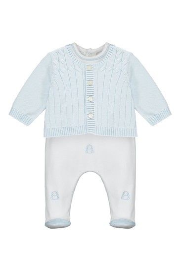 Emile et Rose Blue All-In-One With Bear Embroidery & Cardigan