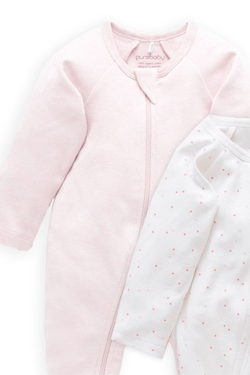 Purebaby Pink Organic Cotton Zip Growsuits 2 Pack