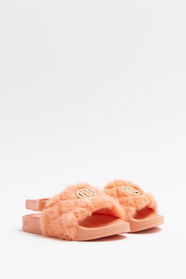 River Island Orange Light Quilted Faux Fur Cleated Sliders