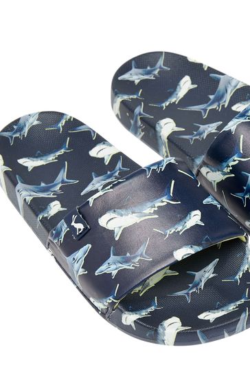 Joules Junior Poolside Shark 	Blue Printed Sliders